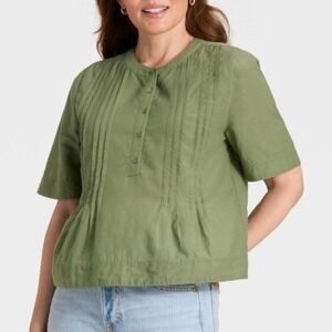 Universal Thread Womens Olive Green Pintuck Pleated Short Sleeve Blouse XS NEW